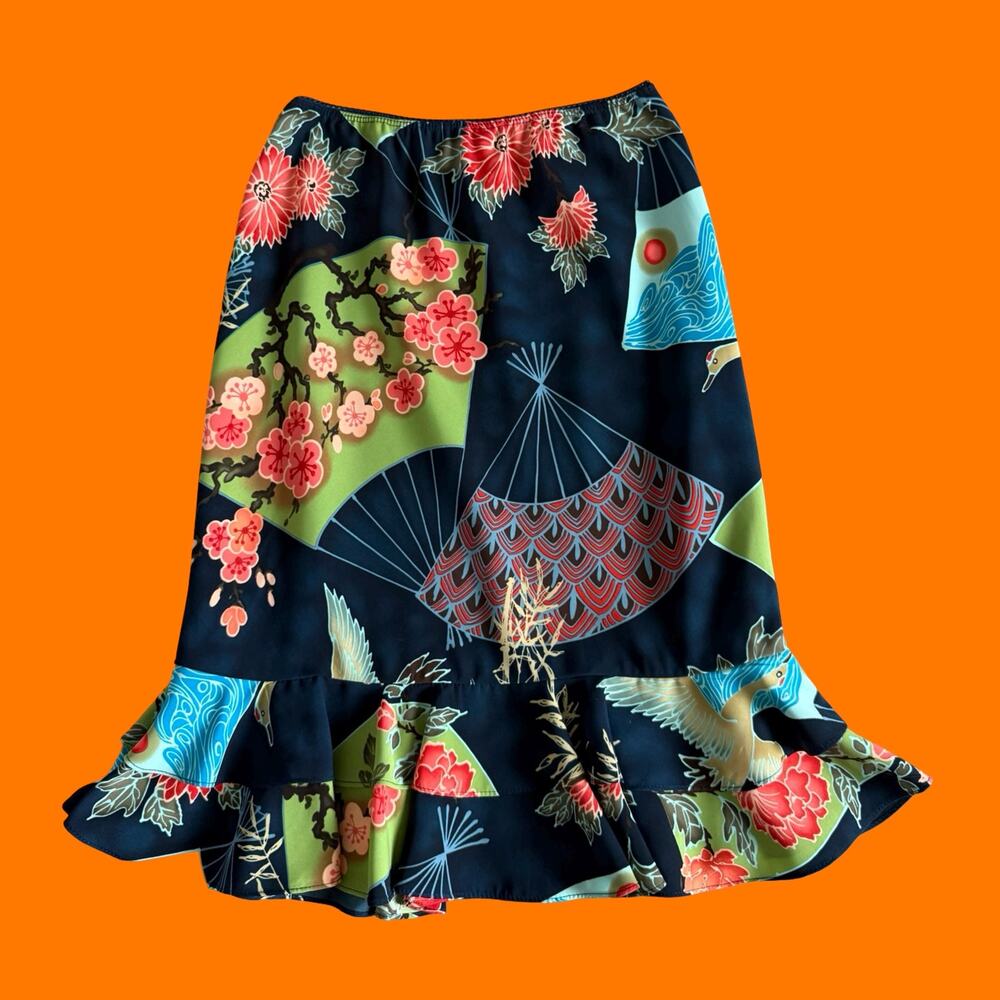 00's vintage asian floral ruffled cyber boho y2k skirt S/M intriguing threads